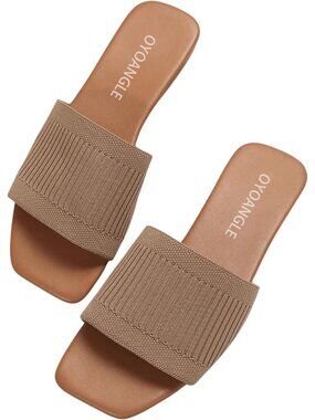 Women's Single Band Square Open Toe Khaki Slide Sandals Summer Slip on Flat
